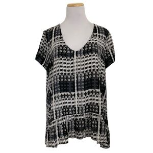 Thakoon Semi Sheer Short Sleeve Geometric Ruffle Hem Top XL Black White Gray